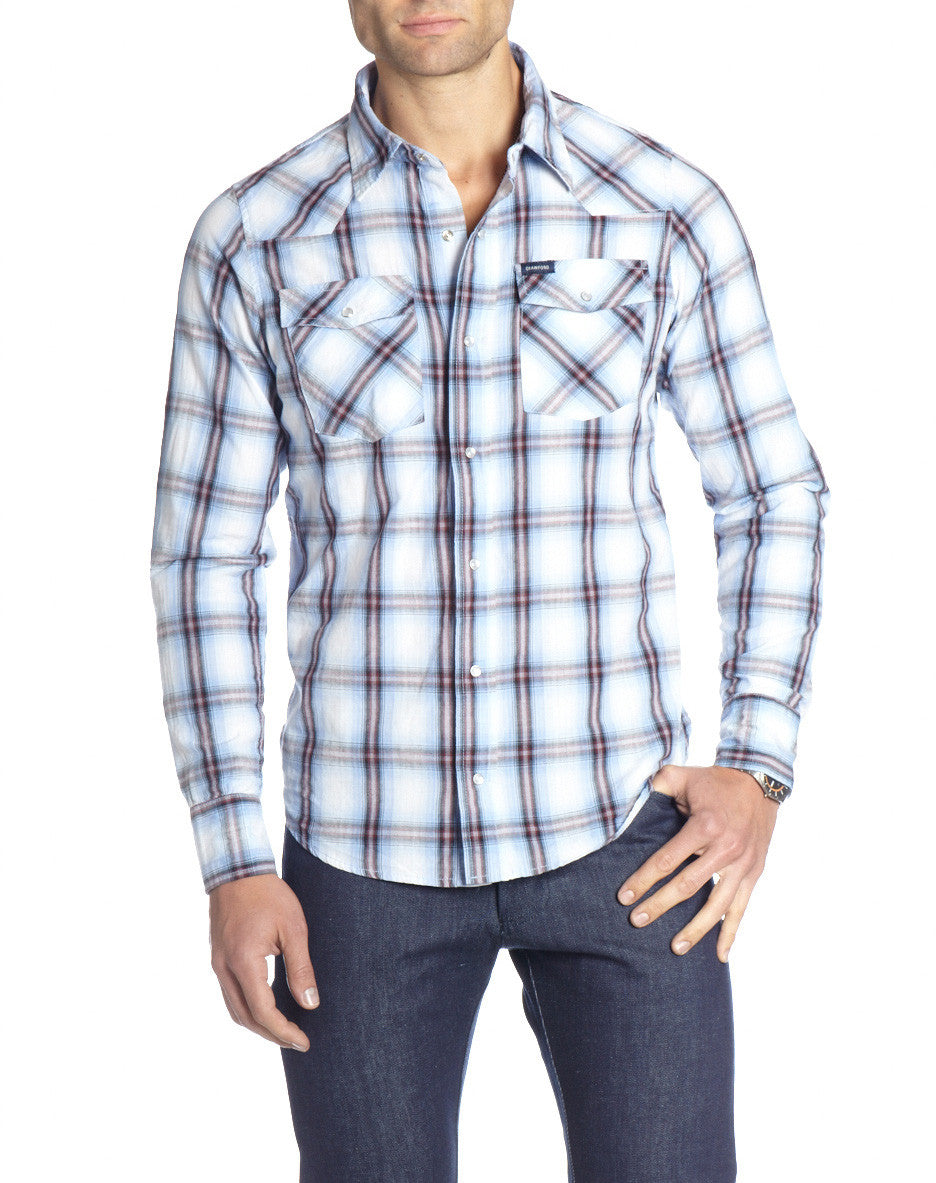 Blue ombré plaid Western shirt