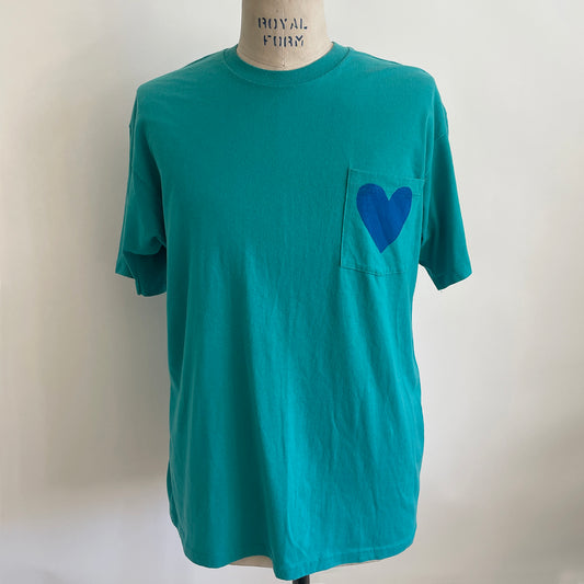 Vintage Happy Heart Teal Pocket Tee